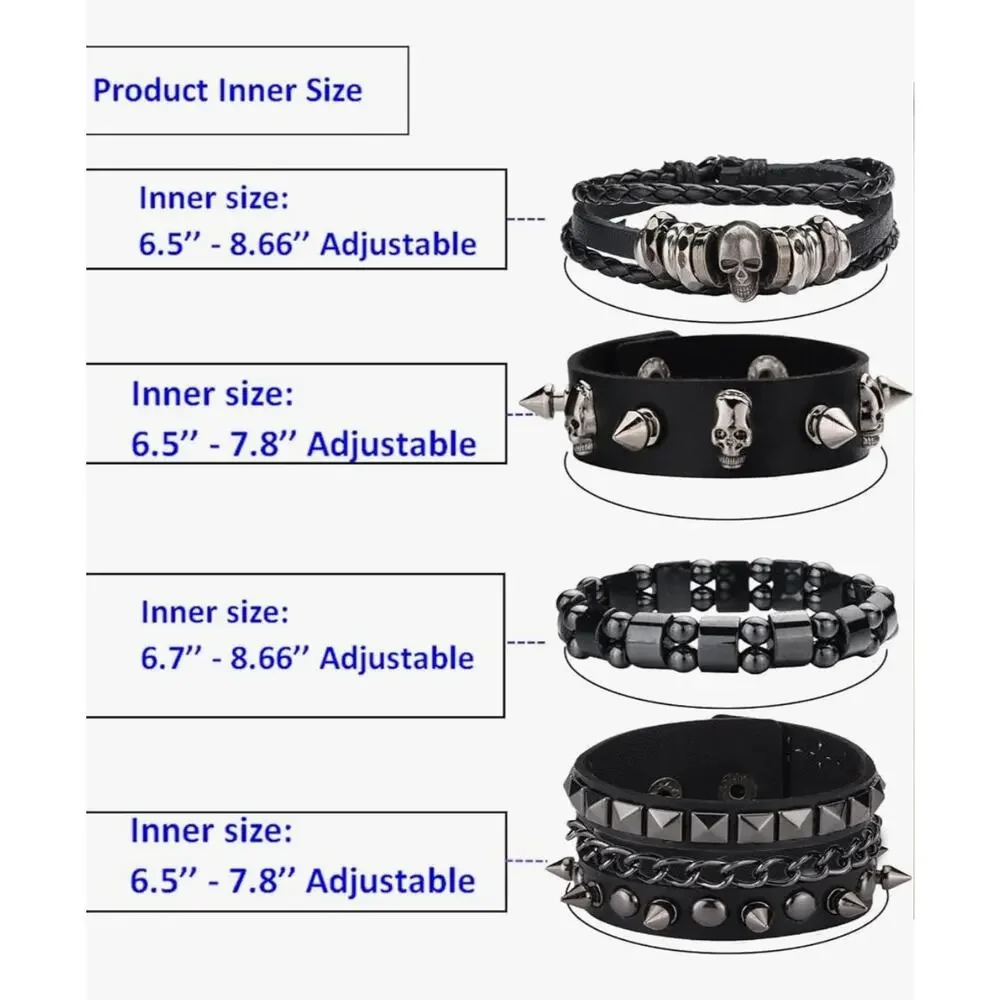 4 Pcs Punk Bracelets for Men Women Leather Studded Cuff Wristband Set Goth NIP